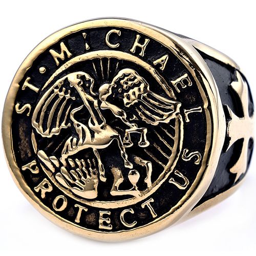 **COI Titanium Black Gold Tone/Silver/Gold Tone St Michael Protect Us Ring-8355