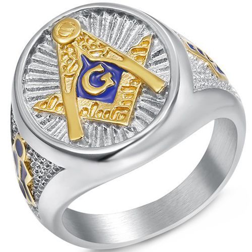 **COI Titanium Blue Gold Tone Silver Masonic Freemason Ring-8434