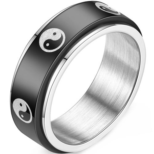 **COI Titanium Black Silver Ying Yang Step Edges Ring-8467