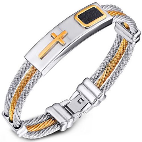 COI Titanium Black Gold Tone Silver Cross Wire Bracelet With Steel Clasp(Length: 7.87 inches)-8524