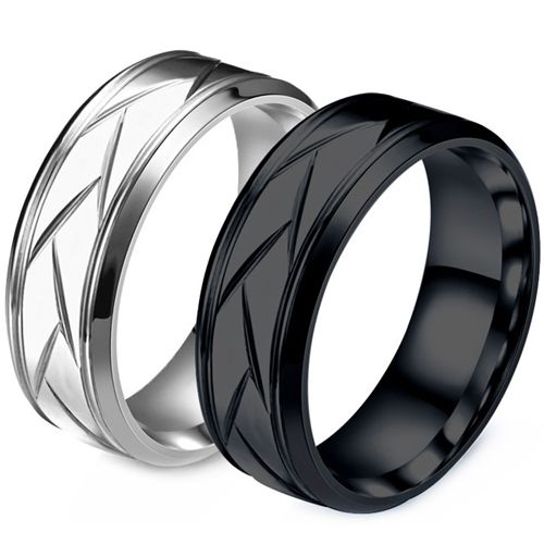 **COI Titanium Black/Silver Diagonal Grooves Step Edges Ring-8552