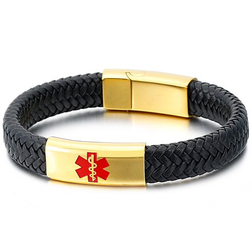 COI Titanium Gold Tone/Silver Black Leather Medical Alert Bracelet With Steel Clasp(Length: 8.66 inches)-8586