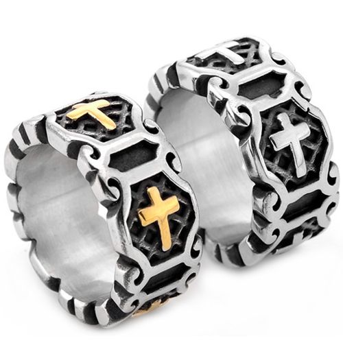 **COI Titanium Black Silver/Black Gold Tone Silver Cross Ring-8587