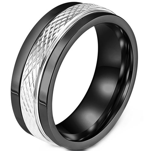 **COI Titanium Black Silver Grooves Ring-8597