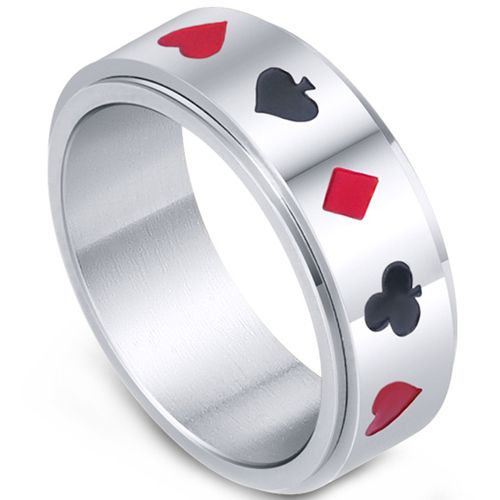 **COI Titanium Black Red Silver Aces of Spade, Club, Diamond & Heart Step Edges Ring-8605