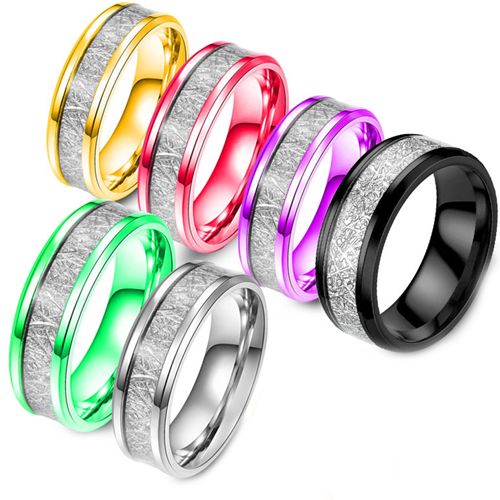 **COI Titanium Purple/Red/Black/Silver/Green/Gold Tone Beveled Edges Ring With Meteorite-8608