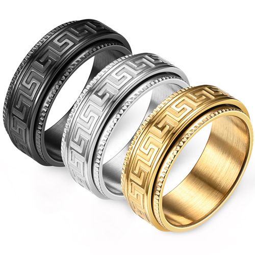 **COI Titanium Black/Gold Tone/Silver Greek Key Pattern Step Edges Ring-8636AA