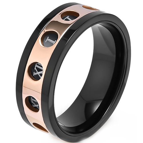 **COI Titanium Black Rose/Silver Ring With Roman Numerals-8646AA