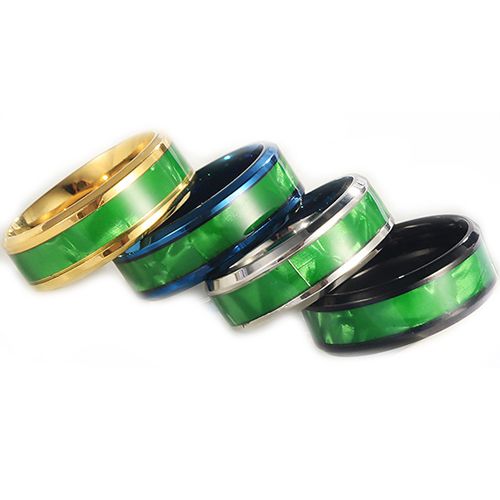 **COI Titanium Black/Gold Tone/Silver/Blue Beveled Edges Ring With Green Wood-8654AA