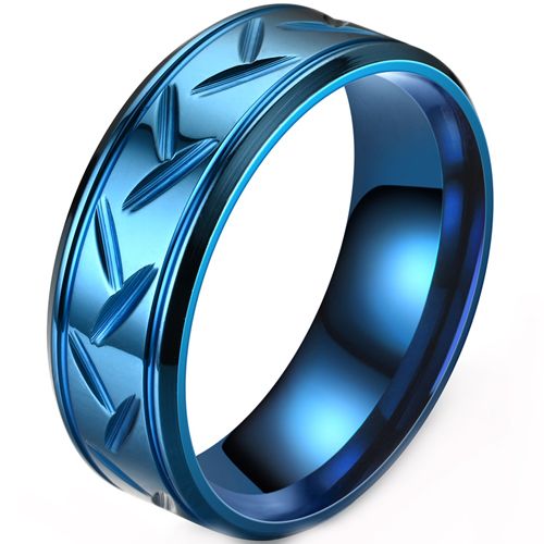 **COI Titanium Black/Silver/Blue Grooves Step Edges Ring-8664AA