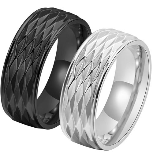 **COI Titanium Black/Silver Faceted Step Edges Ring-8685AA