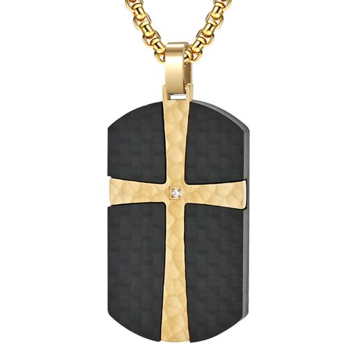 **COI Titanium Gold Tone/Silver Cross Dog Tag Cubic Zirconia Pendant With Carbon Fiber-8784