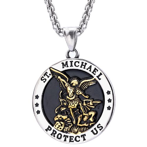 **COI Titanium Black Gold Tone Silver/Black Silver St Michael Protect Us Pendant-8891AA