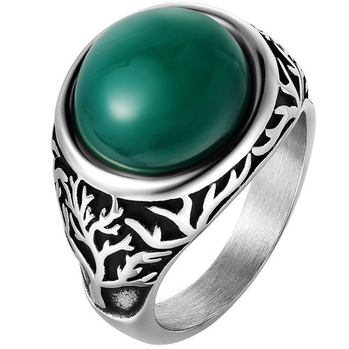 **COI Titanium Black Silver Life Tree Ring With Created Green Emerald/Black Onyx-8906AA
