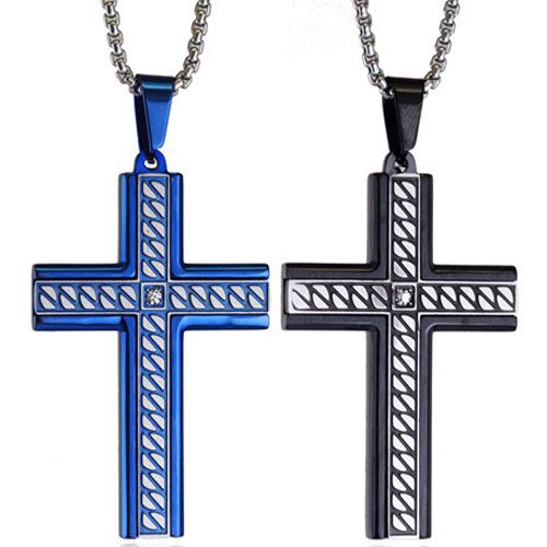 **COI Titanium Black/Blue/Gold Tone Silver Cross Pendant With Cubic Zirconia-8919AA