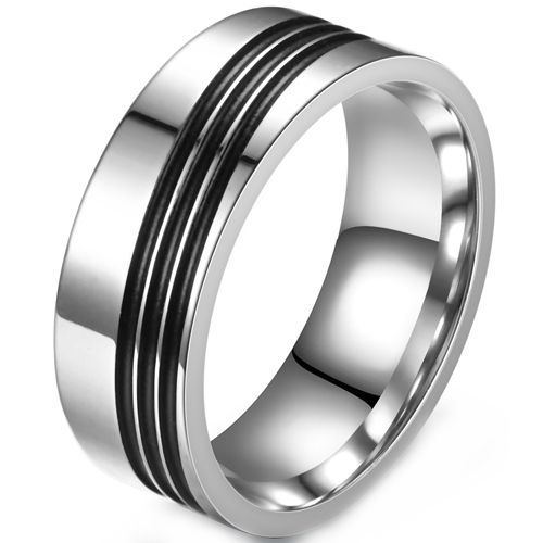 **COI Titanium Black Silver Diagonal Grooves Pipe Cut Flat Ring-8966AA