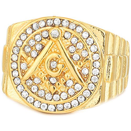 **COI Gold Tone Titanium Masonic Freemason Ring With Cubic Zirconia-8974AA