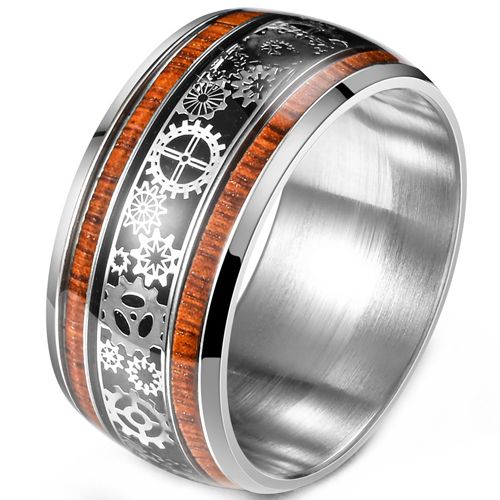 **COI Titanium Black Silver Gears Ring With Wood-8981AA