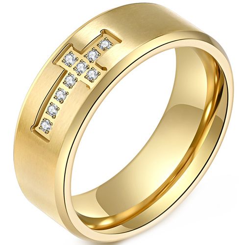 **COI Titanium Black/Gold Tone/Silver Cross Beveled Edges Ring With Cubic Zirconia-9043AA