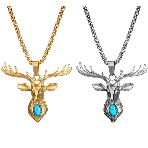 COI Titanium Gold Tone/Silver Deer Head Pendant With Turquoise-9134AA