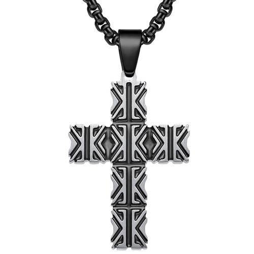 COI Titanium Silver Black/Gold Tone/Silver Cross Grooves Pendant-9151AA