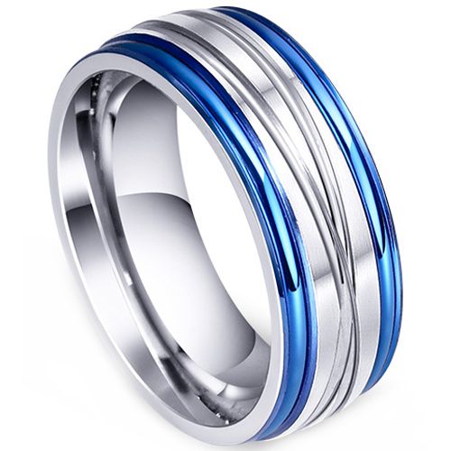 **COI Titanium Black/Blue Silver Diagonal Grooves Ring-9166AA