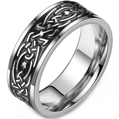 **COI Titanium Black Silver Celtic Pipe Cut Flat Ring-9178AA