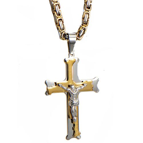 **COI Titanium Gold Tone Silver Cross Jesus Christ Necklace(Length: 23.6 inches)-9240AA