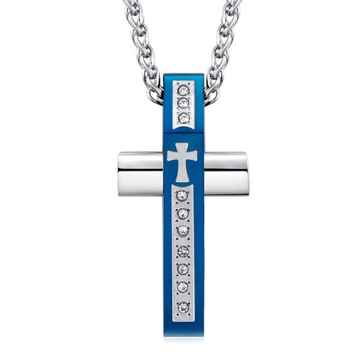 **COI Titanium Black/Blue/Gold Tone Silver Cross Pendant With Cubic Zirconia-9254AA