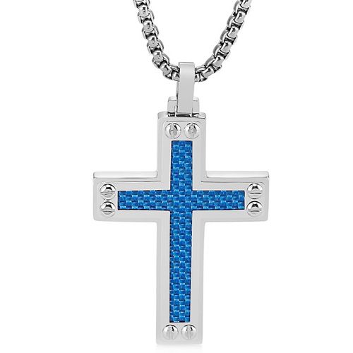 **COI Titanium Black/Gold Tone/Silver Cross Pendant With Blue Carbon Fiber-9258AA