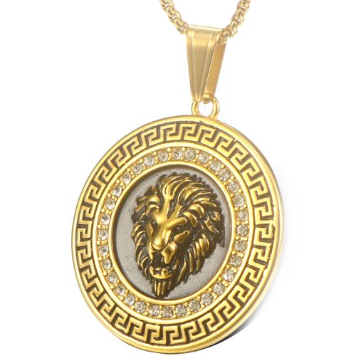 **COI Titanium Gold Tone/Silver Lion Greek Key Pendant With Cubic Zirconia-9278AA