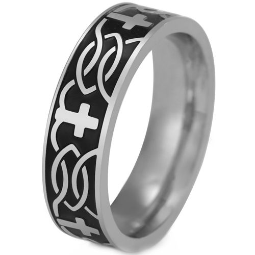 **COI Titanium Black Gold Tone/Silver Cross Celtic Pipe Cut Flat Ring-9288AA