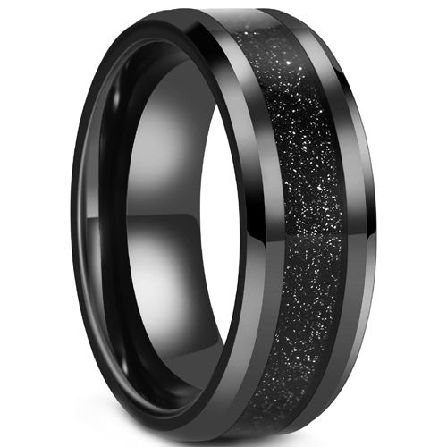 **COI Black Tungsten Carbide Beveled Edges Ring With Meteorite-9342BB