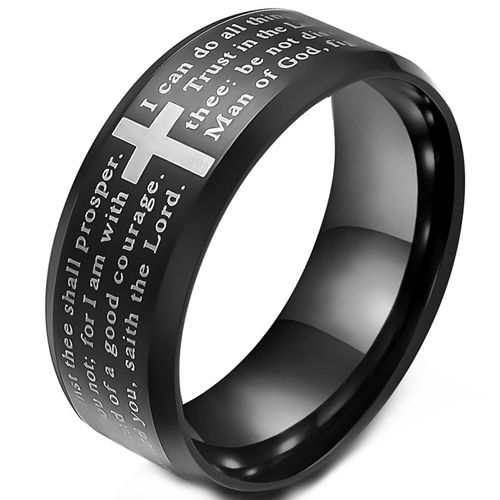 **COI Tungsten Carbide Black/Silver Cross Prayer Beveled Edges Ring-9352AA