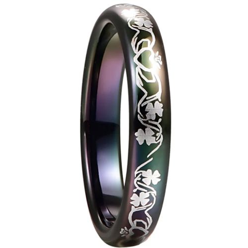 **COI Black Tungsten Carbide 3mm Mo Anam Cara Four Leaf Clover Dome Court Ring-9382BB