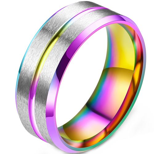 **COI Titanium Rainbow & Silver Center Groove Beveled Edges Ring-9446AA