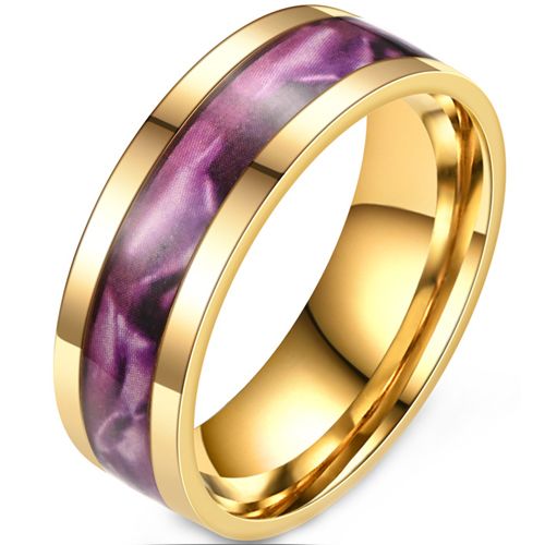 **COI Gold Tone Titanium Pipe Cut Flat Ring With Purple Camo-9465AA