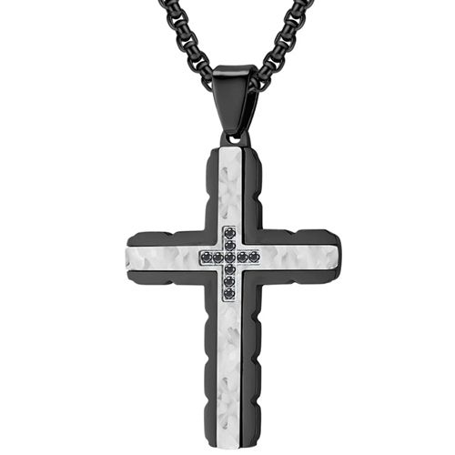 **COI Titanium Black/Gold Tone Silver Cross Tag Pendant With Cubic Zirconia-9473AA