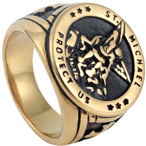 **COI Titanium Black Gold Tone St Michael Protect Us Ring-9479AA