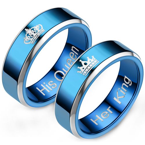 **COI Titanium Blue Silver His Queen Her King Crown Beveled Edges Ring-9524AA