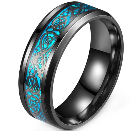 **COI Black Titanium Dragon Beveled Edges Ring With Blue Carbon Fiber-9530AA
