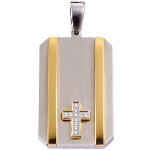 **COI Titanium Gold Tone Silver Cross Tag Pendant With Cubic Zirconia-9532AA
