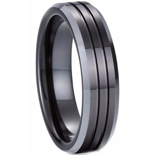 **COI Tungsten Carbide Black Silver Double Grooves Beveled Edges Ring-9736AA