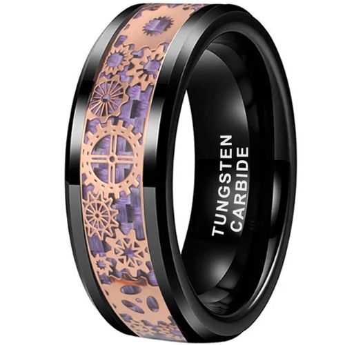 **COI Black Tungsten Carbide Rose Gears Beveled Edges Ring With Purple Carbon Fiber-9834AA