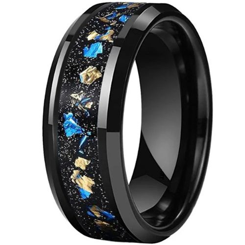 **COI Tungsten Carbide Black/Rose/Gold Tone/Silver Beveled Edges Ring With Black Meteorite and Gold Foil-9836AA