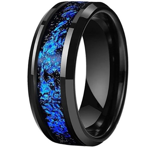 **COI Tungsten Carbide Black/Gold Tone/Rose/Silver Meteorite & Blue Foil Beveled Edges Ring-9839AA