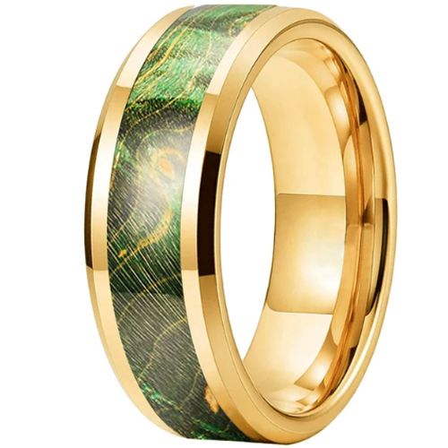 **COI Tungsten Carbide Black/Gold Tone/Rose/Silver/Blue Beveled Edges Ring With Green Wood-9851