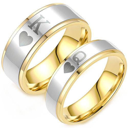 **COI Titanium Gold Tone Silver King Queen & Heart Step Edges Ring-9900AA