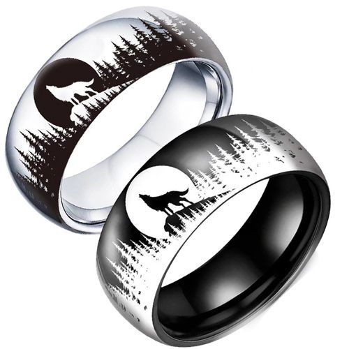 **COI Titanium Black/Silver Wolf Forest Tree Moon Dome Court Ring-9945AA