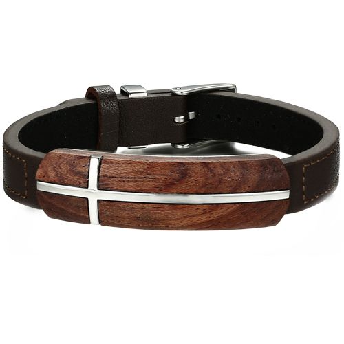 **COI Titanium Wood & Genuine Leather Cross Bracelet With Steel Clasp(Length: 8.27 inches)-9960AA
